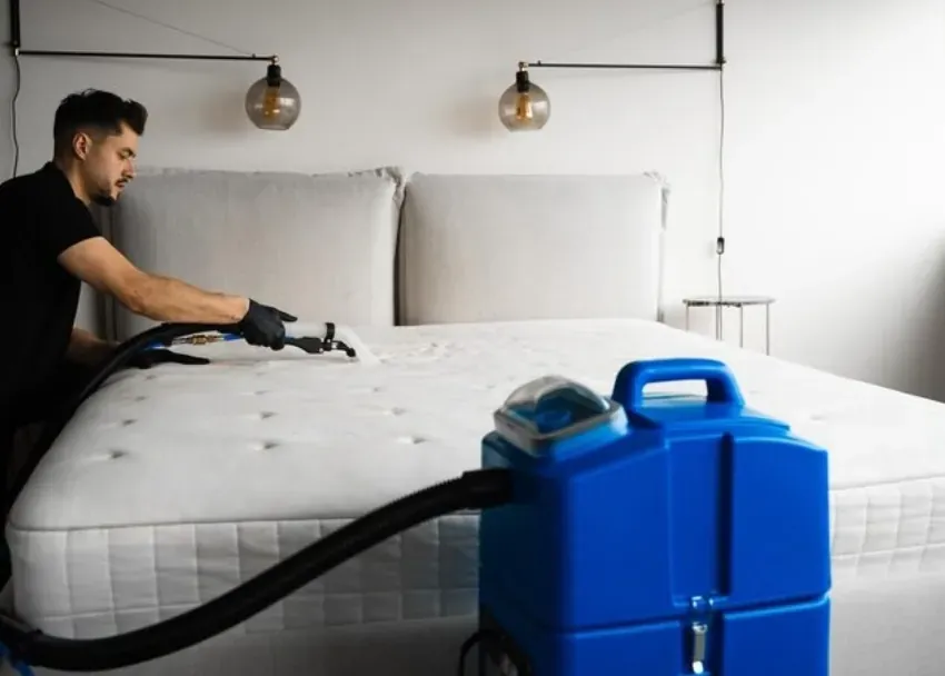 Técnico limpiando un colchón con máquina de inyección y extracción